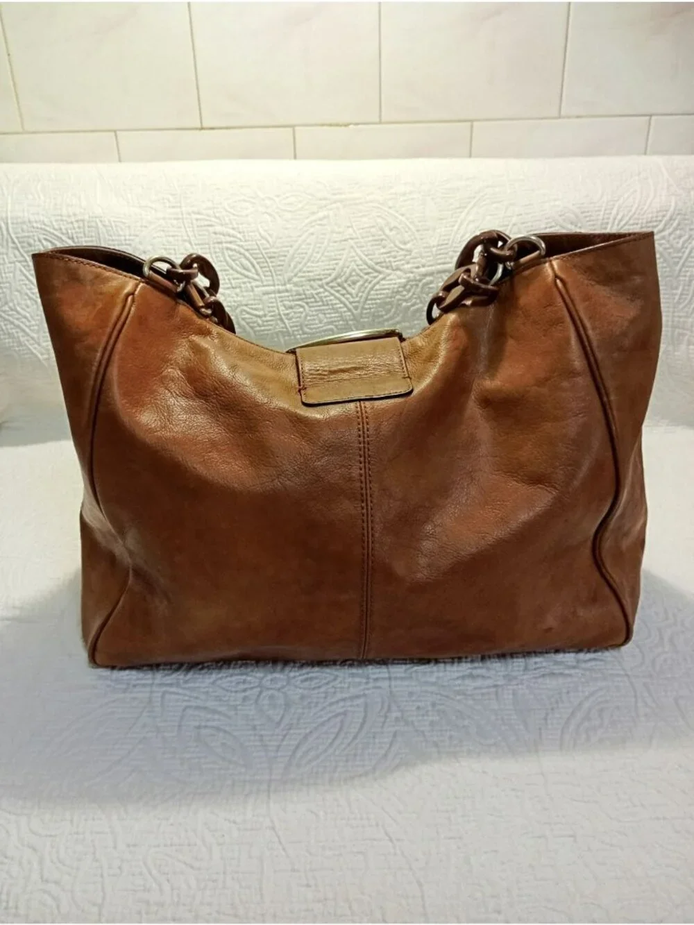 Banana Republic Brown Leather Chain Strap Tote Handbag Silver  Stylish Functiona